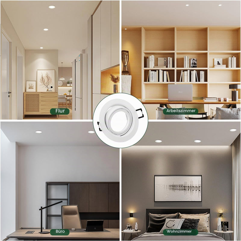 Set of 10 Recessed Spotlights LED Frame Diameter 68 mm GU10 Ceiling Spotlights Including GU10 Socket, 30° Swivelling Mounting Frame LED Spotlights 230 V for Recessed Lighting White