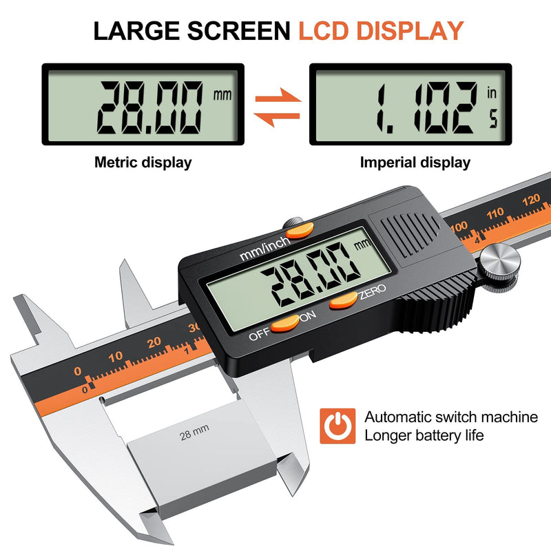 Digital caliper, 150mm / 6-inch digital caliper with large LCD display for external, internal and depth measurements