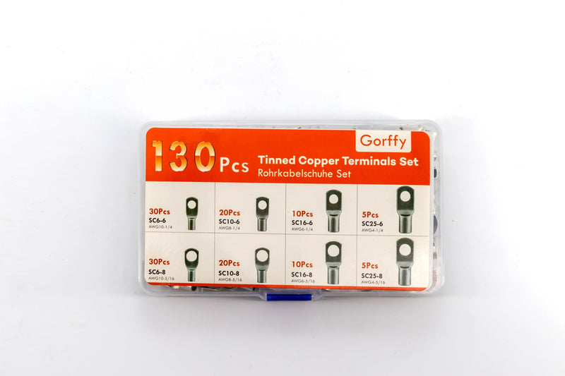 Gorffy cable lugs tubular cable lugs set 130 pieces, cable lugs set 25mm² 16mm² 10mm² 6mm², cable lug assortment for vehicle battery cables, ring cable lugs set M6 M8