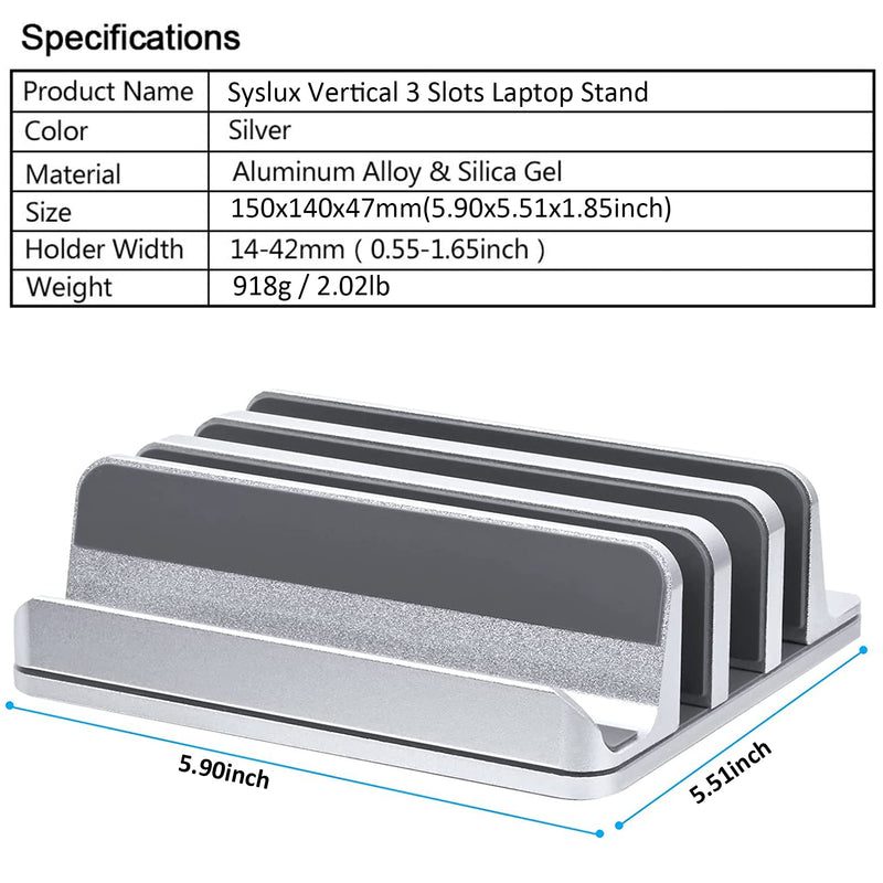 Vertical Laptop Stand [Updated Version], 3 Slot Desktop Stand Holder with Adjustable Dock, 4 in 1 Design Space-Saving Laptop Stand for Desk MacBook/Surface/Samsung/HP/Dell/Chrome Book (Silver) Silver