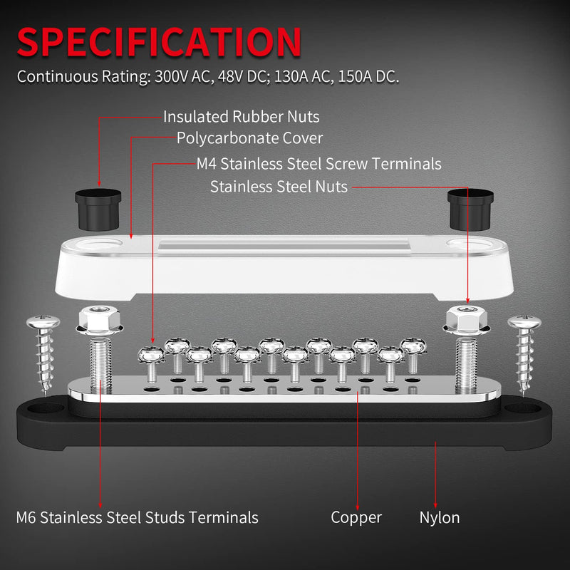 DaierTek 12V Power Distribution Block 2 x 1/4" (M6) Terminal Studs 12 x M4 (#8) Terminal Screws Battery Bus Bar Terminal Block Max 48V Positive & Negative Busbar for Automotive Car Boat 150A-T2M6S12