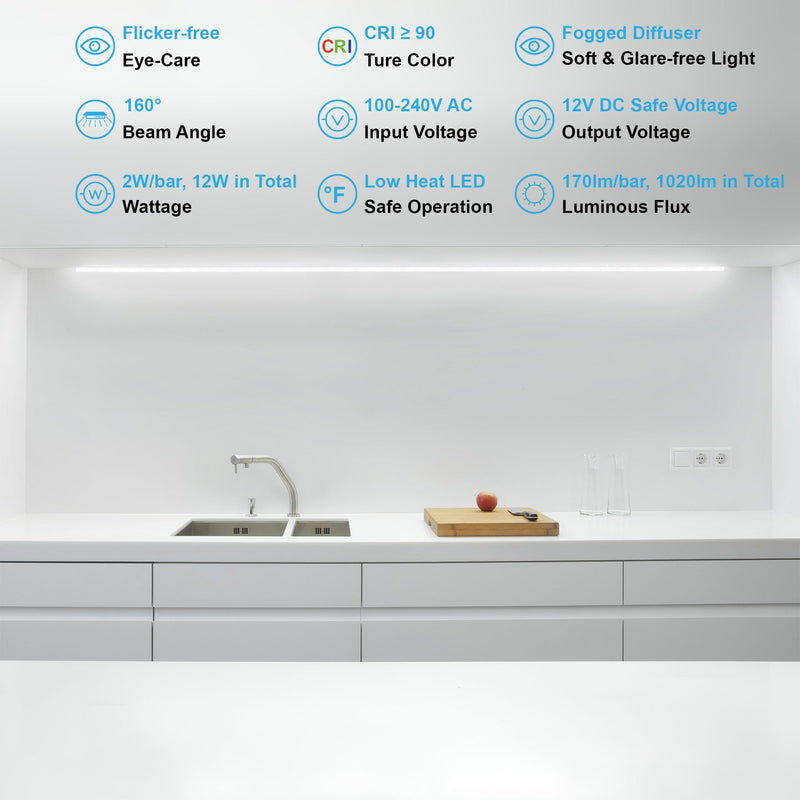 Under Cabinet Lights, Plug in, Seamlessly Linkable 12 Inch, 6 Bars+Switch+Extensions, Under Counter Lighting for Kitchen, Closet, Gun Safe, Shelf, Display Case, LED 5000k Daylight 6 Pack