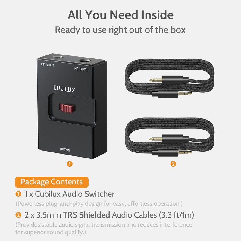 Cubilux 3.5mm Audio Selector, Bidirectional 2-In-1-Out or 1-In-2-Out 1/8-in TRS Headphone Switcher, Ultra-Compact Aluminum Case Passive Toggle A/B AUX Switch Box for PC