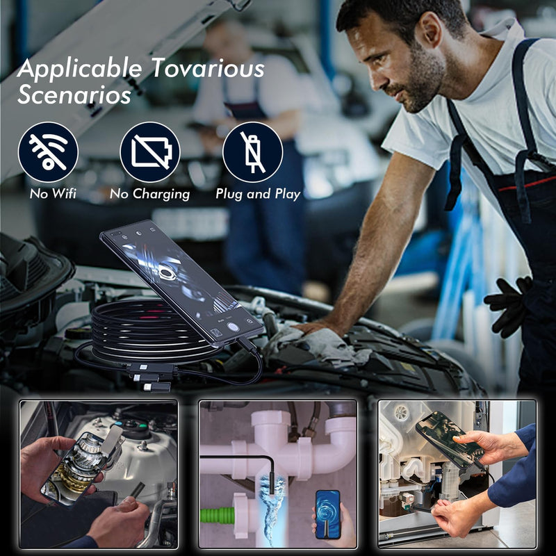 Endoscope Camera with Light 10 m, 1080P HD Endoscope Camera Mobile Phone Waterproof IP67 No WiFi Required Inspection Camera Channel Camera Mobile Phone with 8 LED Lights for Android & iOS, Tablet 32.8 ft/10 m