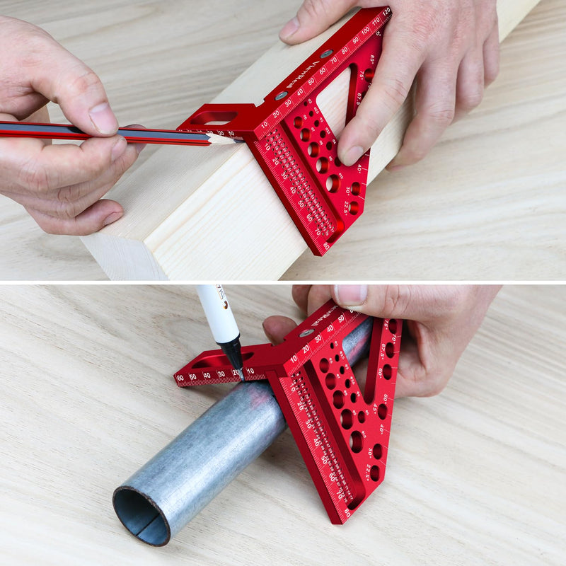 3D Mitre Square Multifunctional 22.5-90 Angle Measure Aluminium Alloy High Precision Layout Measuring Tool Scribing Tool Woodworking Measuring Tools for Carpenters, Engineers Red