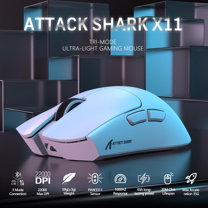 MAGIC-REFINER ATTACK SHARK X11 59g Superlight Wireless Gaming Mouse with Magnetic RGB Charging Dock，BT/2.4G Wireless/Wired Mouse, 22000 DPI，5 Programmable Buttons for PC/Laptop/Mac（White） white