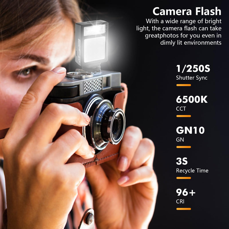 Camera Flash with Video Light, 2500K-6500K Mini Flash Speedlite, Adjustable Brightness Small Camera Speedlight, Universal Single Contact Hot Shoe Mount, Compatible with Canon/Nikon/Sony/Fuji/DSLR