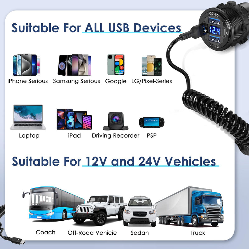 【Upgraded Version】 78W 12V USB Outlet Qidoe 4 Port Dual 30W PD & Dual Quick Charge 3.0 Aluminum USB 12V Charger Socket with Voltmeter USB C to USB C Cable Coiled 3FT Cord for Car Boat Marine RV