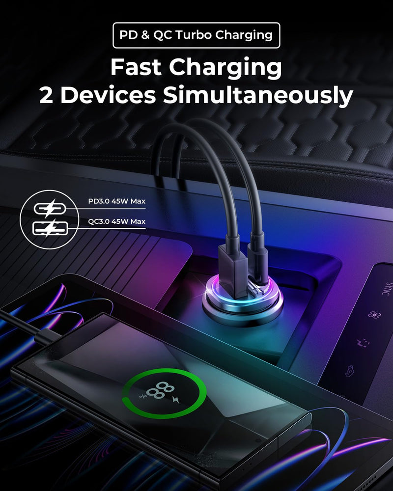 【Upgrade】90W USB C Car Charger Super Fast Charging, [PD45W & QC45W] Cigarette Lighter Car Charger Adapter [Flush Fit][All Metal][Not Distracted LED],for iPhone 15 14 Pro Max Plus iPad Samsung S24 S23