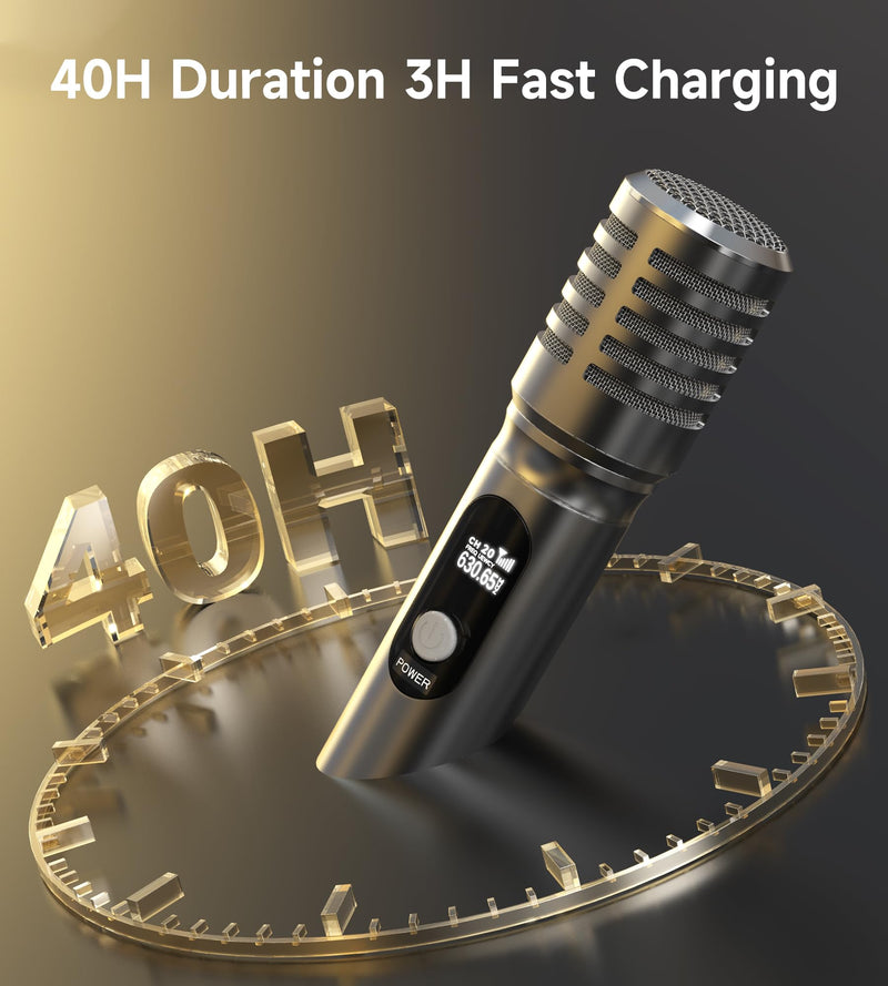 Wireless Microphones, Microphone with One-to-One Chip Connection and Rechargeable Receiver, 40H Duration, 200FT Range Receiving, Less Latency, Metal construction Microphone for Singing