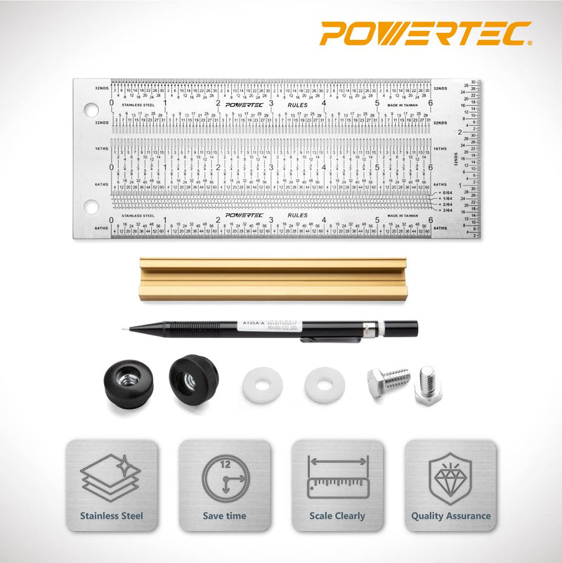 POWERTEC 6'' Precision Marking T-Square, T Rule w/Pencil for Measuring, Scribing, Setting Up Bits Height, Stainless Steel Woodworking & Crafting Marking Tools for Drill Press, Table Saw 80027 6" T Square