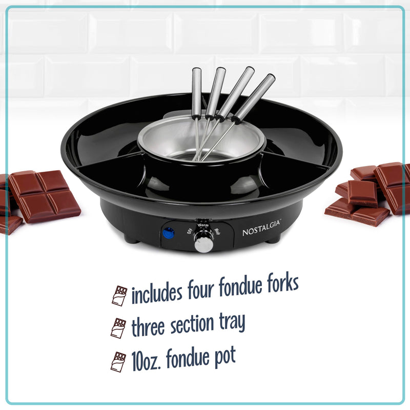 Nostalgia Electric Fondue Party Set – 10 oz Melting Pot, 4 Roasting Forks, & Detachable Serving Tray – Melted Cheese, Chocolate, or Dessert – Perfect for Gifts, Parties, Date Night – Black 10 Ounce Black