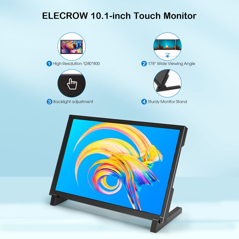ELECROW 10.1 Inch Touchscreen Monitor, 1280x800 IPS LCD HD Display with Stand, Portable Capacitive Touch Screen for Raspberry Pi 3/3B+/4B/5, Jetson Nano, Banana Pi, PC, Windows, Beaglebone 10.1" with Acrylic Stand