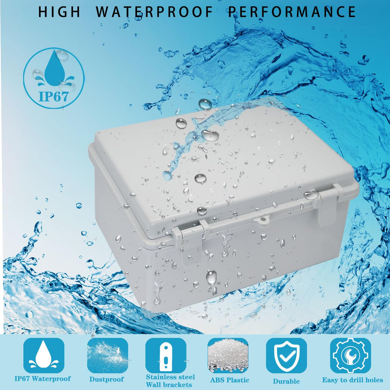 Waterproof Outdoor Electrical Box Junction Box Weatherproof IP67 ABS Plastic Enclosure Switch Router Project Box with Mounting Plate with Wall Bracket 2 Cable Glands Grey 8.7"x6.7"x4.3" 2PCS 8.7" x 6.7" x 4.3" 2pcs