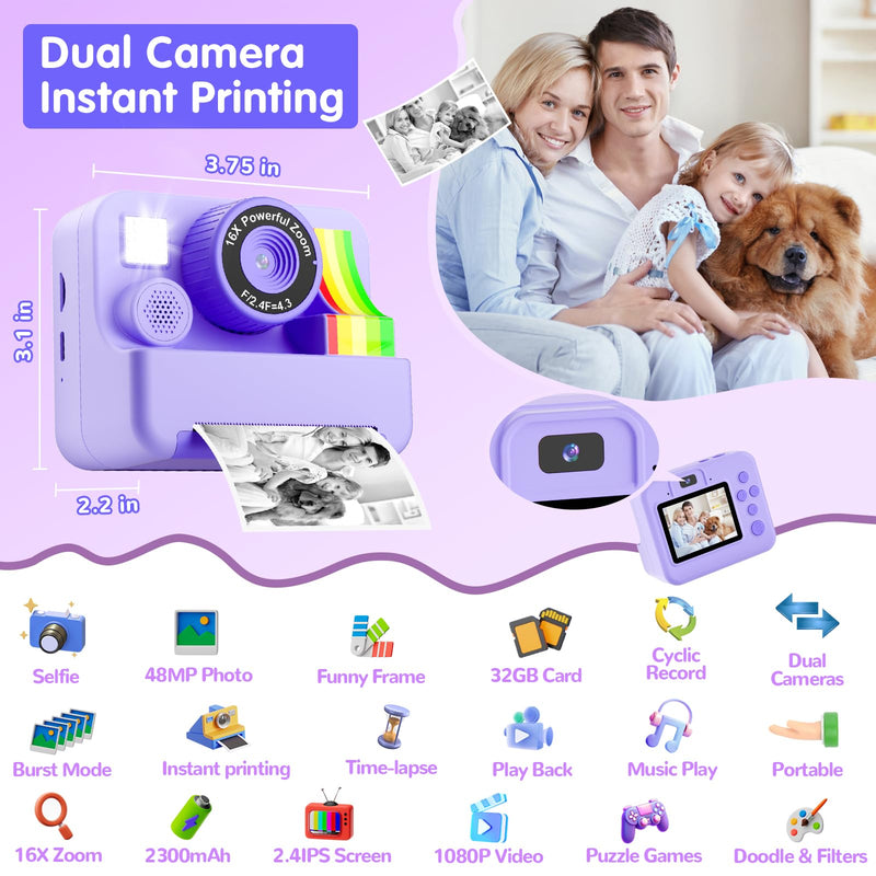 1080P Kids Instant Print Camera - Kids Camera for Girls and Boys, Ages 3-12, Portable Toy with 32GB SD Card & 3 Rolls Printing Paper - Best Christmas Birthday Gift for Kids, Purple