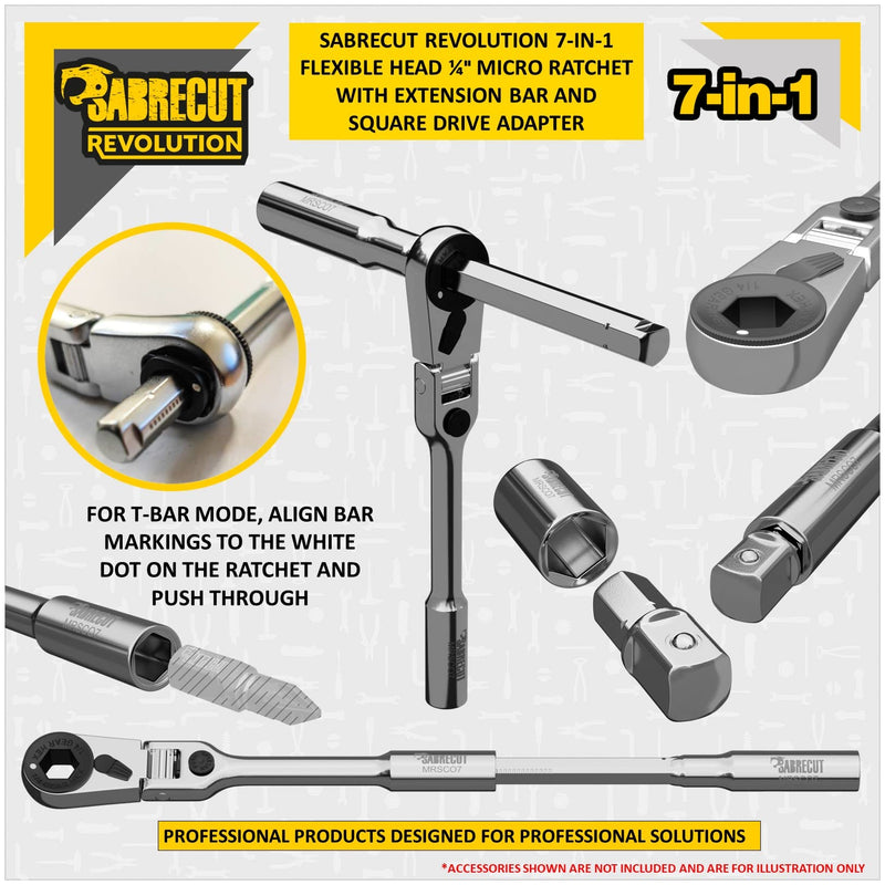 1 x SabreCut MRSC07 7-in-1 Flex Head 6.3mm 1/4" HEX Magnetic Mini Micro Ratchet with Extension Bar and 1/4" Square Drive Socket Adapter Stainless Steel Professional 60 Tooth Gear Hand Ratchet Wrench