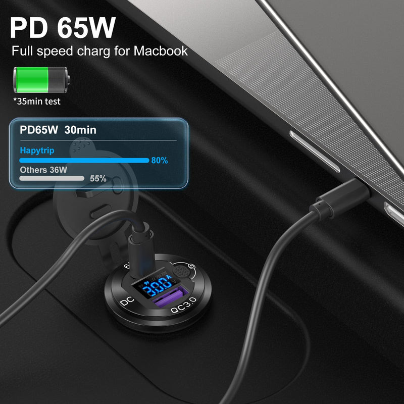 12V USB Outlet Aluminum Car Charger PD65W Car USB Port for Laptops, Quick Charge 3.0 USB Port for Car, Built-in Boost 15V 20V Output Socket Waterproof with Voltmeter and Switch for RV Marine Boat, etc