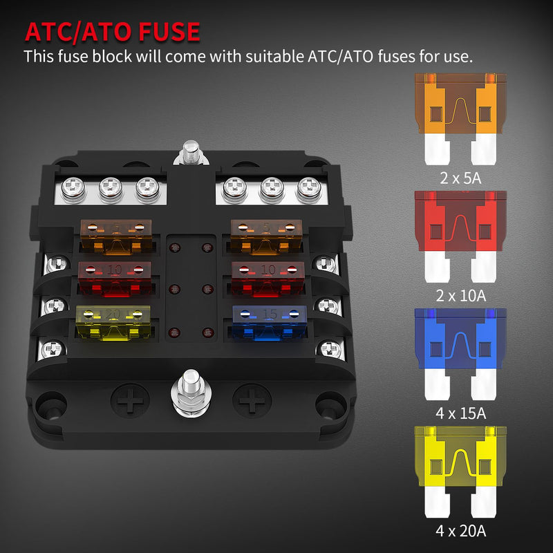 DaierTek 12V Fuse Block 6 Way with LED Indicator Light 12 Volt Fuse Box ATO/ATC Marine Fuse Panel Waterproof 24V for Automotive Boat Car Truck 6 Way Fuse Block