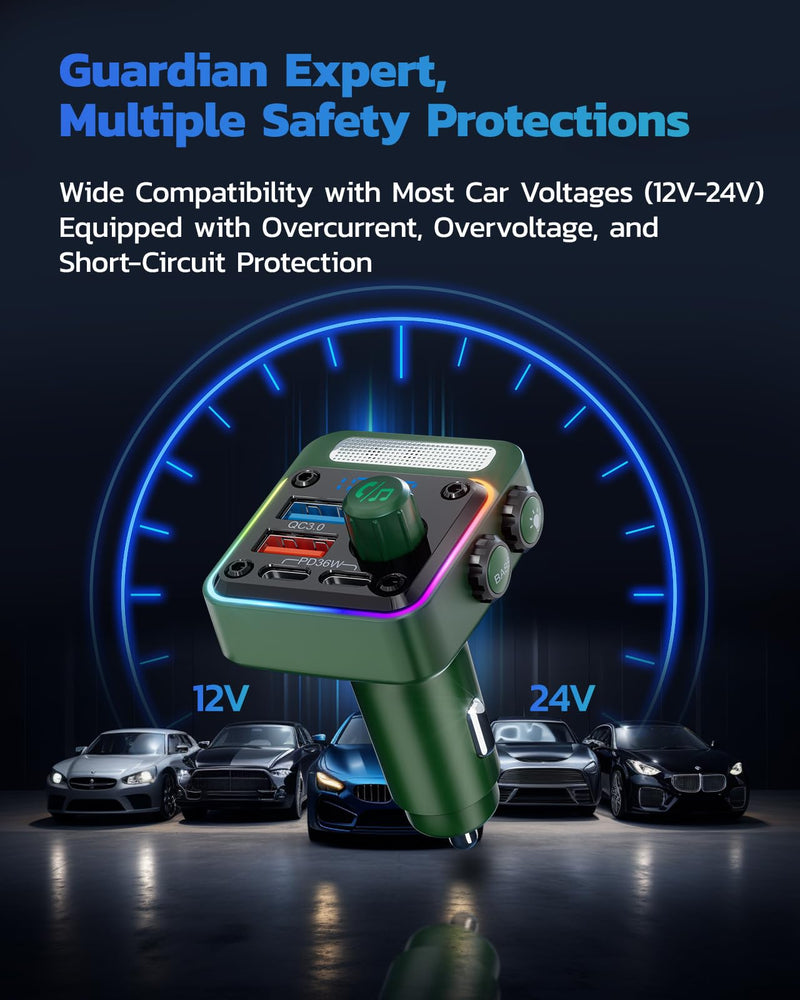 Nulaxy 54W Bluetooth 5.3 Car Adapter with 4 Charging Ports [PD 36W & QC3.0 18W], Wireless Radio FM Transmitter with Deep Bass Player & 5 Colors LED Backlit, Hands-Free Calling - NX16 Green C-Green