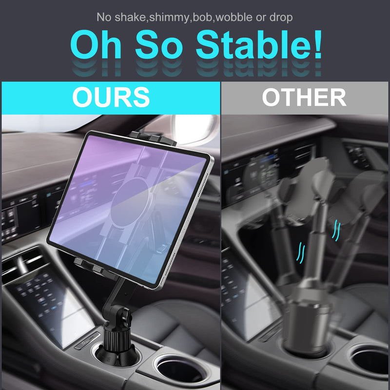 Cup Holder Car Tablet Mount for Truck, 360° Adjustable 15" Long 2-Arm Stand Holder for iPad Pro 12.9/11/10.5/9.7/Air/Mini 6/5/4, Samsung Galaxy Tab/Z Fold 6/5/4, iPhone 17/16/Pro, 4.7-12.9" Tab &Phone 15"