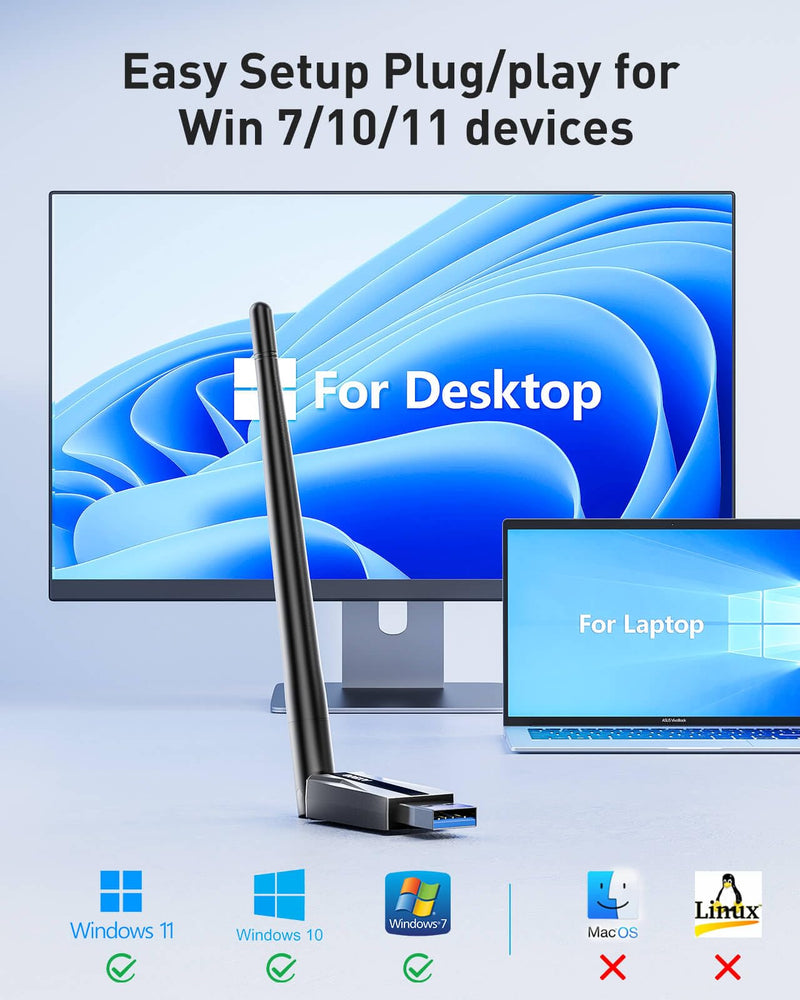 USB WiFi Adapter for Desktop PC - AX900 Wi-Fi 6 Dual Band 5G 2.4G Wireless Adapter with 7DBi Antenna for Win11/10 WiFi Dongle for Desktop PC Laptop Gaming Wireless USB Internet Network Card (Black)