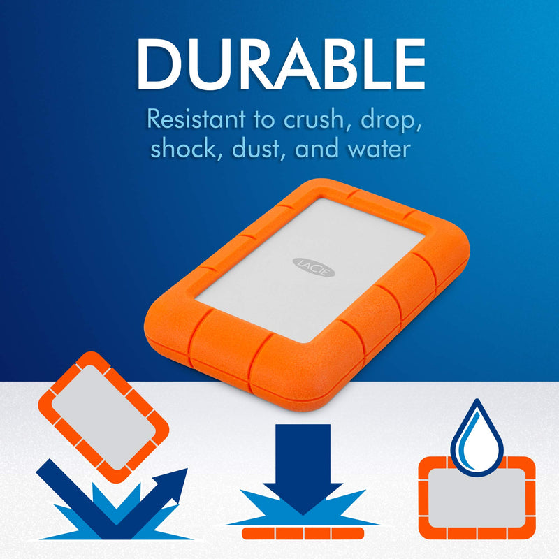 LaCie Rugged Mini 2TB External Hard Drive Portable HDD - USB 3.0/ 2.0 Compatible, Drop Shock Dust Rain Resistant Shuttle Drive, For Mac And PC Computer (LAC9000298), orange Mini HDD