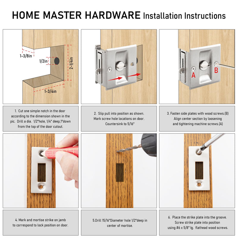 HOME MASTER HARDWARE Privacy Pocket Door Lock Hardware with Pull Replace Old Sliding Door Locks/Solid Brass Pocket Door Privacy Lock 2-3/4”x2-1/2”, for 1-3/8” Thickness Door, Brushed Nickel -2 Pack 2-3/4”x2-1/2” Brushed Nickel--2PACK