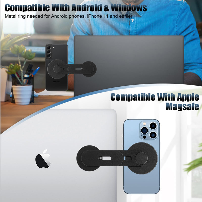 Magnetic Laptop Phone Mount Designed for Magsafe iPhone 16/15/14/13/12 MagSafe Samsung HTC, Adjustable Phone Monitor Side Mount, Slim Portable Foldable Computer Expansion Bracket Black