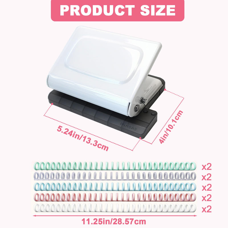 10 Hole Punch Binding Machine for Planner, Manual Binding System with 10 Multi-Color Binder Rings for Making 26 Holes on B5, 30 Holes on A4, 20 Holes on A5 Book, 10 Sheet Capacity - White