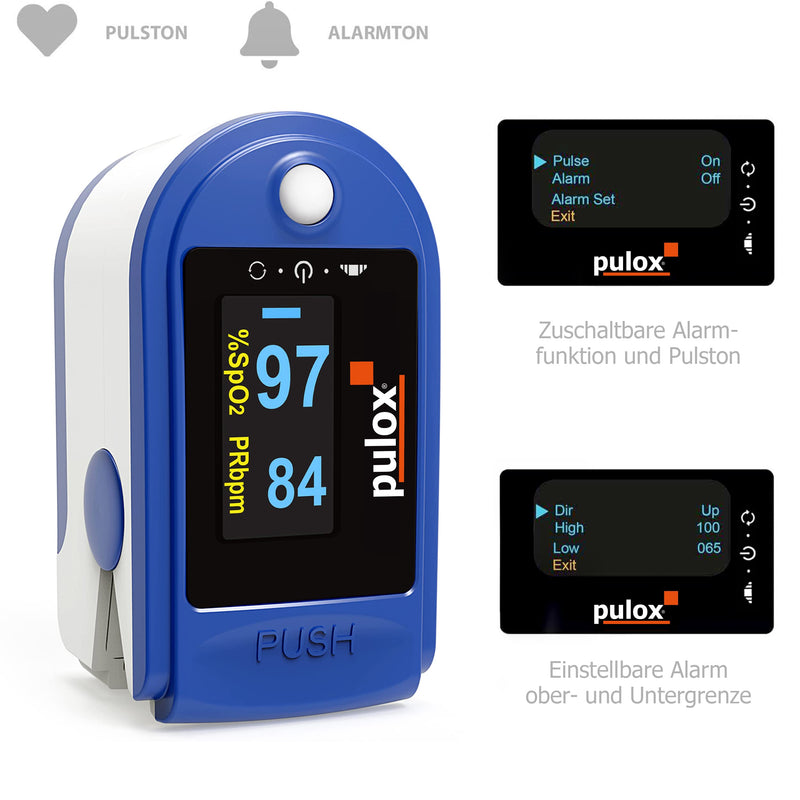 Pulse oximeter Pulox PO-200A with alarm, pulse tone and accessory set for measuring SpO2, pulse and PI - blue