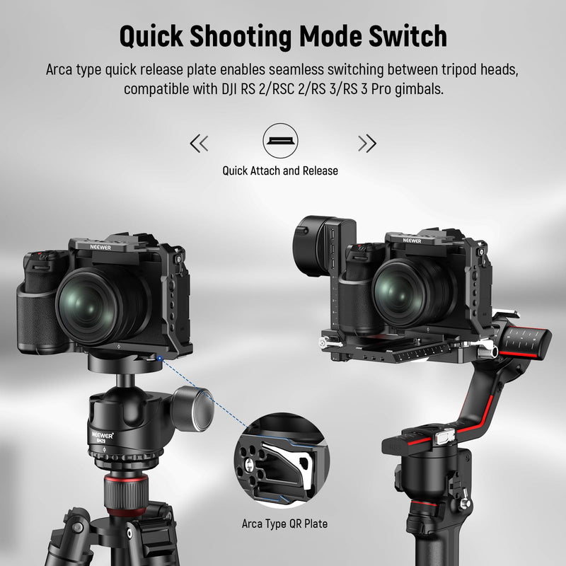 NEEWER X-S20 Camera Cage, Full Access Protective Metal Video Rig with Grip, NATO Rail, 3/8" ARRI, Cold Shoe, Anti Twist Arca Type Base Compatible with Fujifilm X-S20 DJI RS2 RSC2 RS3 Pro Gimbal, CA043