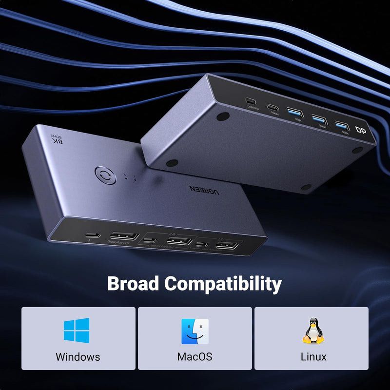 UGREEN 8K Displayport KVM Switch 2 in 1 Out DP1.4 with 4 USB 3.0 Ports(3 USB-A + 1 USB-C) Support 8K@60Hz 4K@240Hz Share 1 Monitor Keyboard Mouse U-Disk Printer, with 2 DP Cables, 2 USB A to C Cables