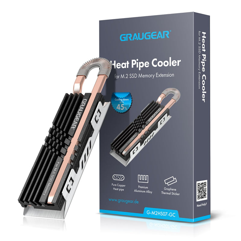 GRAUGEAR NVMe SSD M.2 Heatsink Heatpipe Heatsink [Quiet Passive Cooling] | Silent Cooler for NVMe M.2 SSD I Compatible with Gaming PC + Thermal Pad I for PC Case PC Accessories Desktop PC