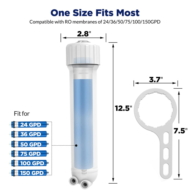 Membrane Solutions 1812/2012 24-150 GPD RO Housing Kit, Reverse Osmosis Membrane Filter Housing Replacement with Elbow Fittings, Housing Wrench, Check Valve 1812/2012 (for 24 - 150 GPD)