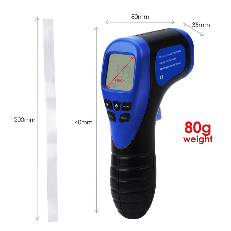 Handheld Digital Laser Non-Contact Tachometer, 2.5-99999 RPM, Record (60 Data) / MAX/MIN/AVG Function, ± 0.02% + 1 Digtal Accuracy, Tachometer Tach. Meter display Portable tachometer