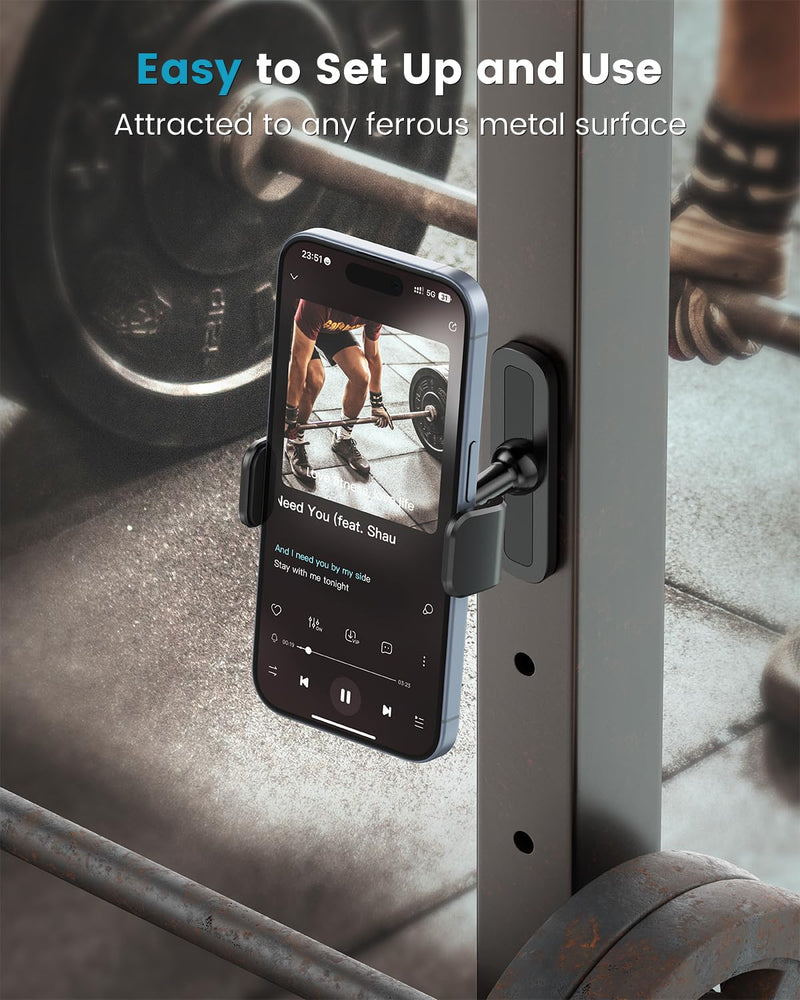 APPS2Car Gym Magnetic Phone Holder, 360 Adjustable, Compatible with 4.7-6.5" Smartphones, Alloy Base and Joint, Black Black - 1 Pack