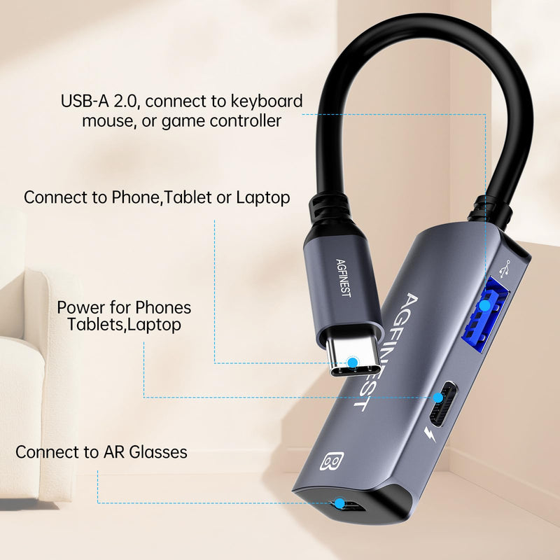USB C to AR Glasses with Charging Adapter Enables Multi-Screen Enhanced 3D 4K@60Hz PD 100W Compatible for iPhone 15/16 Viture/Rokid/Xreal AR Glasses (USB2.0+ USB C) USB2.0+ USB C