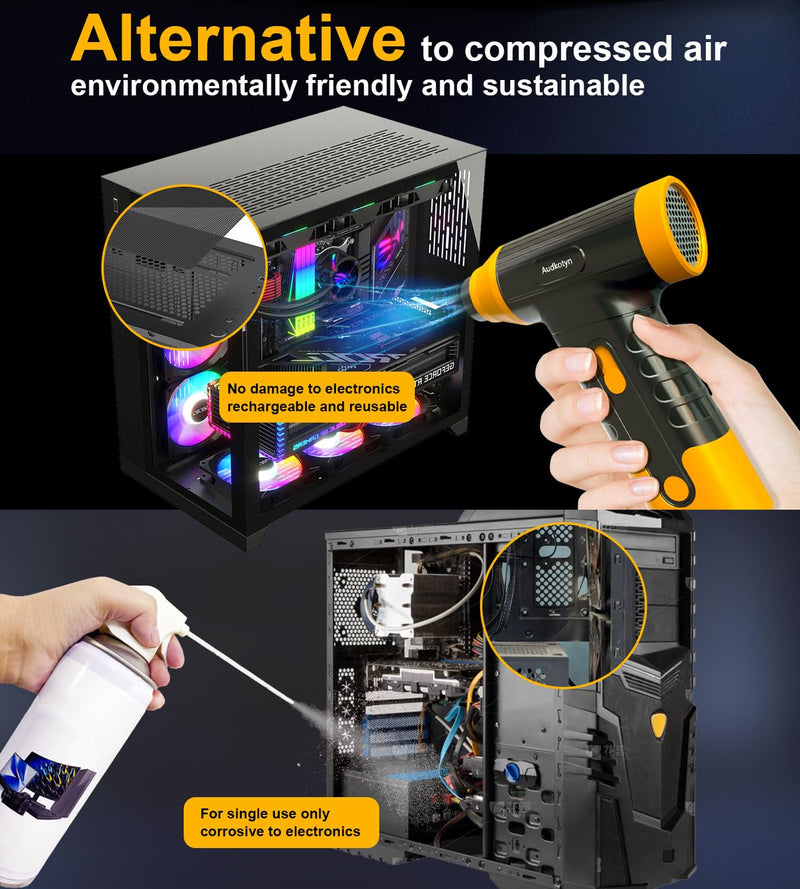 Cordless Electric Compressed Air Duster - Electric air blower for Cleaning Keyboard, PC, cameras, Electric Air Pump for Inflatable Cushions, Air Mattress Beds, Boats, Swimming Ring (Yellow/Black) Yellow/Black