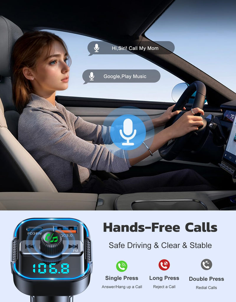 2024 Upgrade Bluetooth 5.3 Car Adapter【PD 36W+QC3.0 18W】, 2-in-1 FM Transmitter 【Dual Stronger Mics】& Fast Car Charger, Wireless Car Radio Adapter Hands-Free Car Kit, Siri Assistant Player