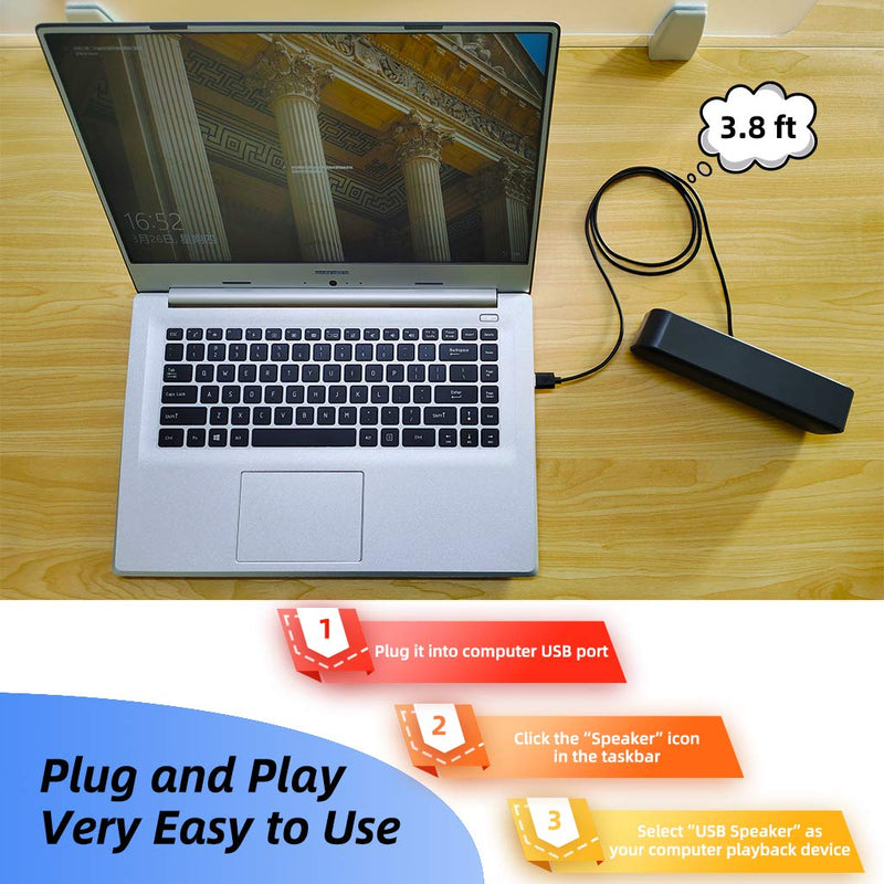 [Upgraded] USB Computer Speaker, Laptop Speaker with Stereo Sound & Enhanced Bass, Portable Mini Sound Bar for Windows PCs, Desktop Computer and Laptops