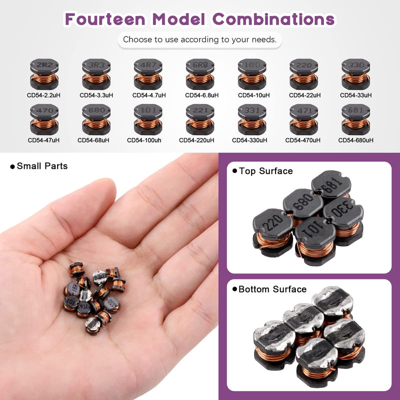 Swpeet 140 pieces 14 values 2.2UH.680UH CD54 wire wound SMD power inductor assortment kit, 5.8 mm chip inductors with 2.2UH 3.3UH 4.7UH 6.8UH 10UH 22UH 47UH 68UH 100UH 220UH 330UH 47UH 68 UH