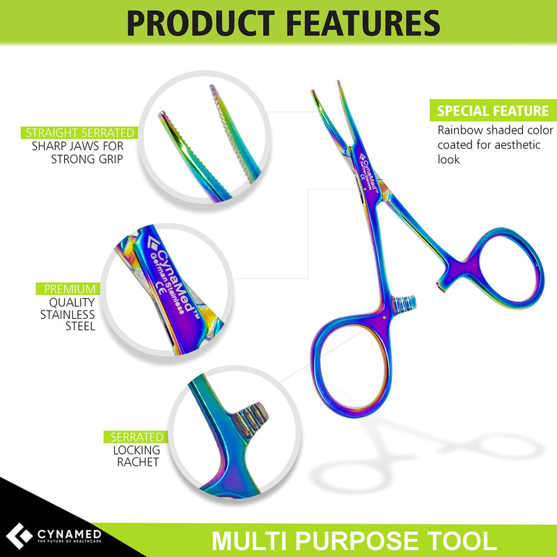 Cynamed Mosquito Hemostatic Forceps with Multicolor/Rainbow Titanium Coating - Premium Quality - Hemostat Clamping Pliers with Serrated Jaws - 3.5 in. (Curved) Curved