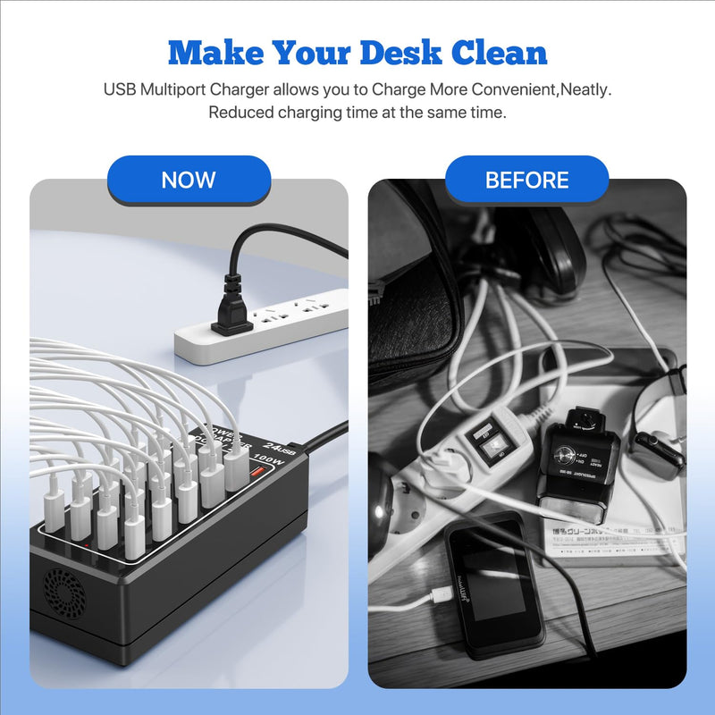 USB Charger 24 Ports, USB Charging Station 24-Port 100W(20A), USB Charger Block, 12 USB A & 12 USB C Ports fast Charger Desktop, Multi-Function Smart Charger for Apple iPhone iPad Samsung Laptop Pixel