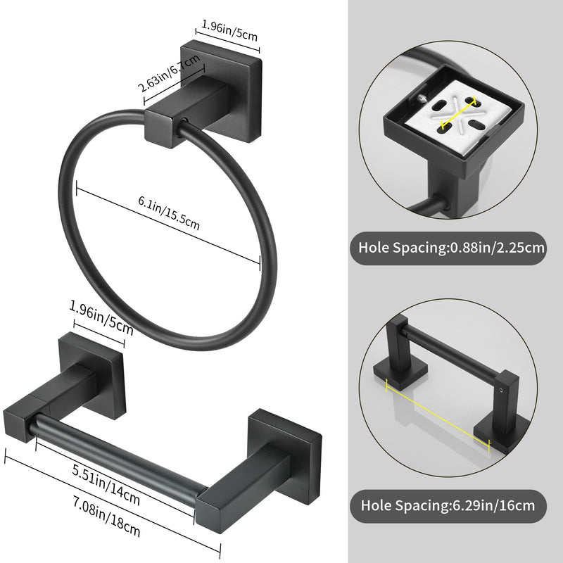 WOLIBEER Black Toilet Paper Holder Towel Ring, Matte Bathroom Hand Towel Holder Toilet Roll Holder, Modern Bath Hardware Set Wall Mounted Stainless Steel 2 Pieces