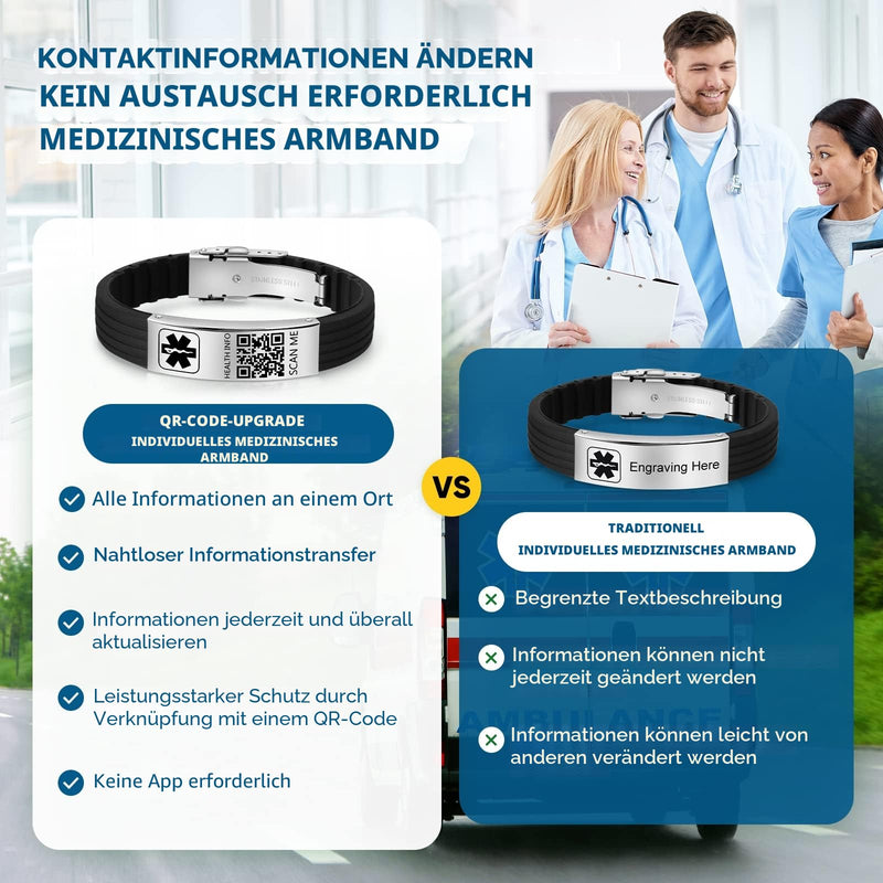Medical Wristband with QR Code Emergency ID Silicone Waterproof Fits up to 9" Wrist Emergency Alert More Space for Sports Boys Girls Women Men 9" Butterfly Clasp - plus Black + Silver