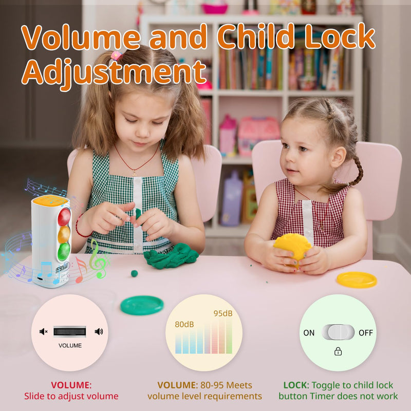 Traffic Light Visual Audio Digital Timer, LCD Display Volume Adjustment, with 4 Ringtones for Kids Classroom Home Kitchen Game Countdown Pause Memory Function Charger Type C Cable Included White