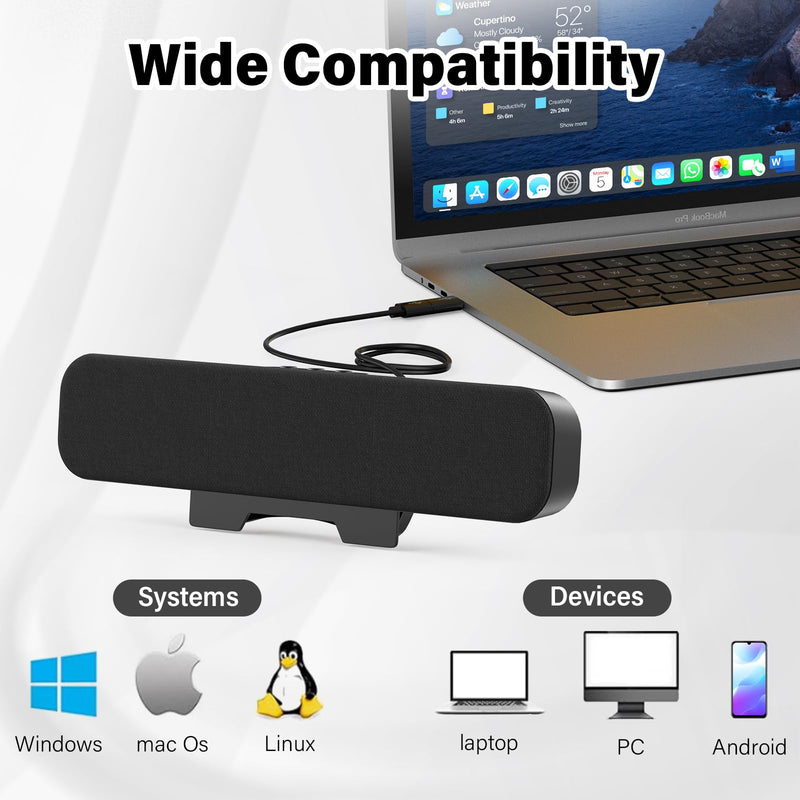 Computer Speakers for Desktop Pc, Monitor Speakers for Laptop,Pc Speakers with Loud Sound,Volume Control Easily Clamps to Monitors(USB-C to USB Adapter Included) (Black) Black