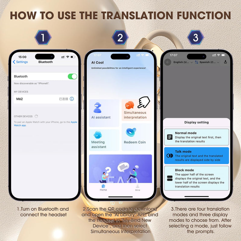 Translation Earbuds, Ai Language Translator Earbuds Real-Time,3-in-1 Language Translation Earbuds,Translator Earphone with 144 Languages for Travel Business Learning (Black) Black