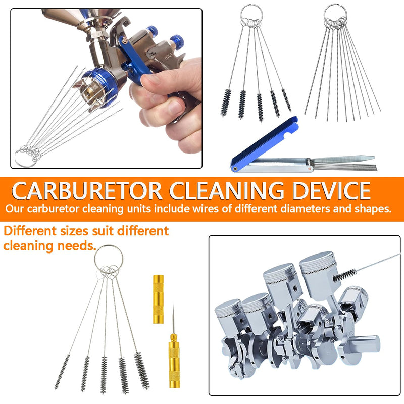 Carburetor Cleaning Tool Kit, Carb Cleaning Kit, con Stainless Steel 13 Cleaning Wires Set, 10 Cleaning Needles, 10 Nylon Brushes, 1 Throttle Wrench, 1 Sharp Pick