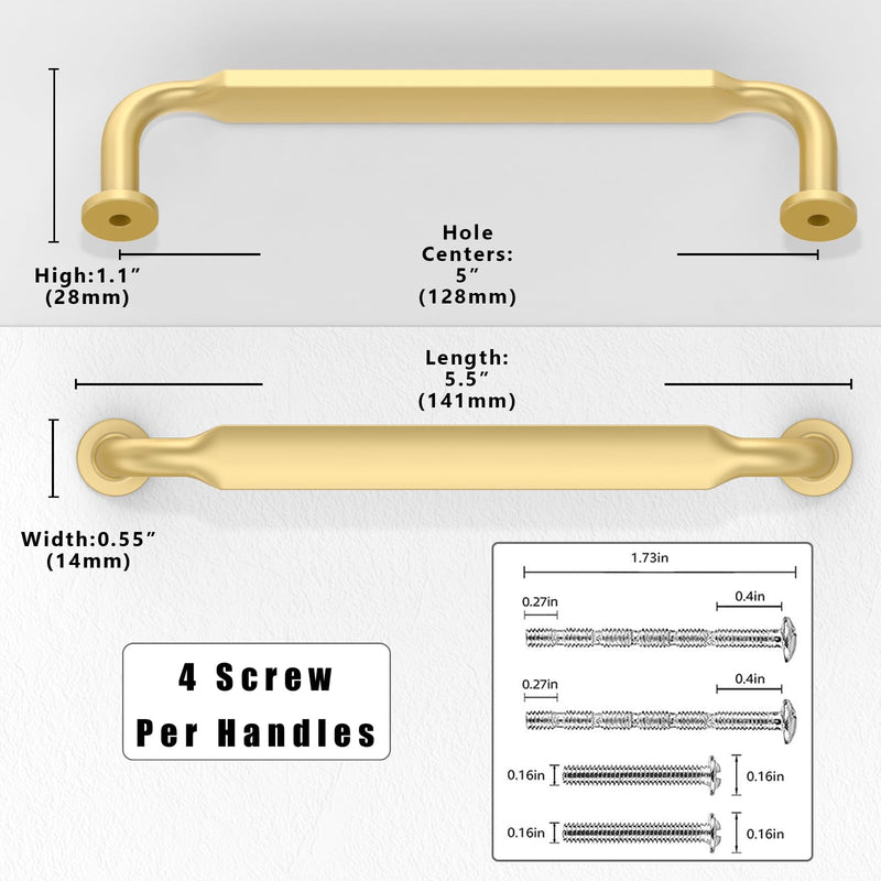 10 Pack Brushed Gold Cabinet Pulls 5 Inch(128mm) Kitchen Cabinet Handles Solid Zinc Alloy Cabinet Hardware Drawer Pulls 5" Hole Center 10